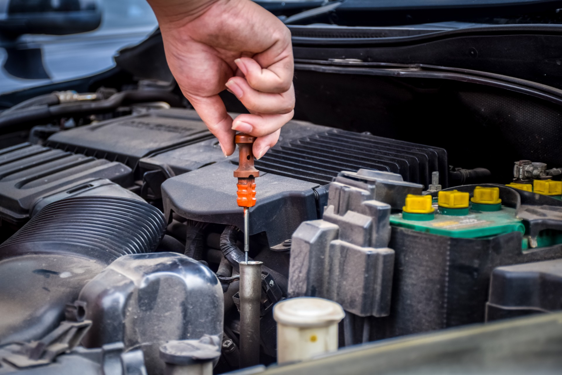 Man a checking car engine.