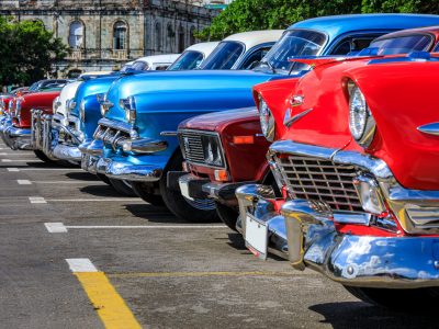 Colorful group of classic cars in Old Havana, an iconic sight in