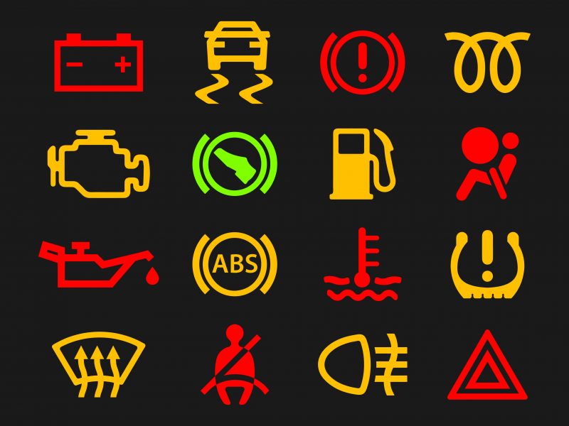 Car dashboard warning lights icons set.