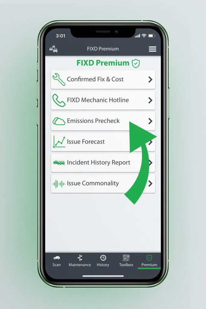 arrow calling out the FIXD emissions precheck feature in FIXD Premium