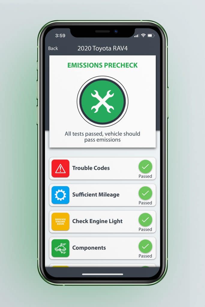 After performing FIXD emissions precheck you'll see a screen that shows if your vehicle is ready to pass emissions