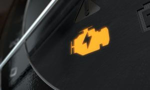 A 3D render of an extreme closeup of an illuminated check engine dashboard light on an dashboard panel background