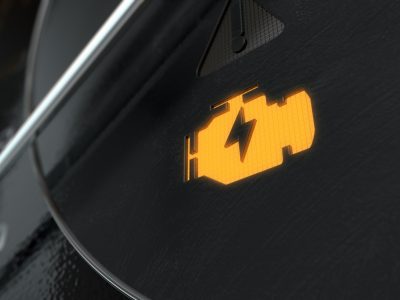 A 3D render of an extreme closeup of an illuminated check engine dashboard light on an dashboard panel background