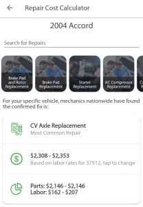 screenshot of FIXD repair cost calculator cv axle replacement cost