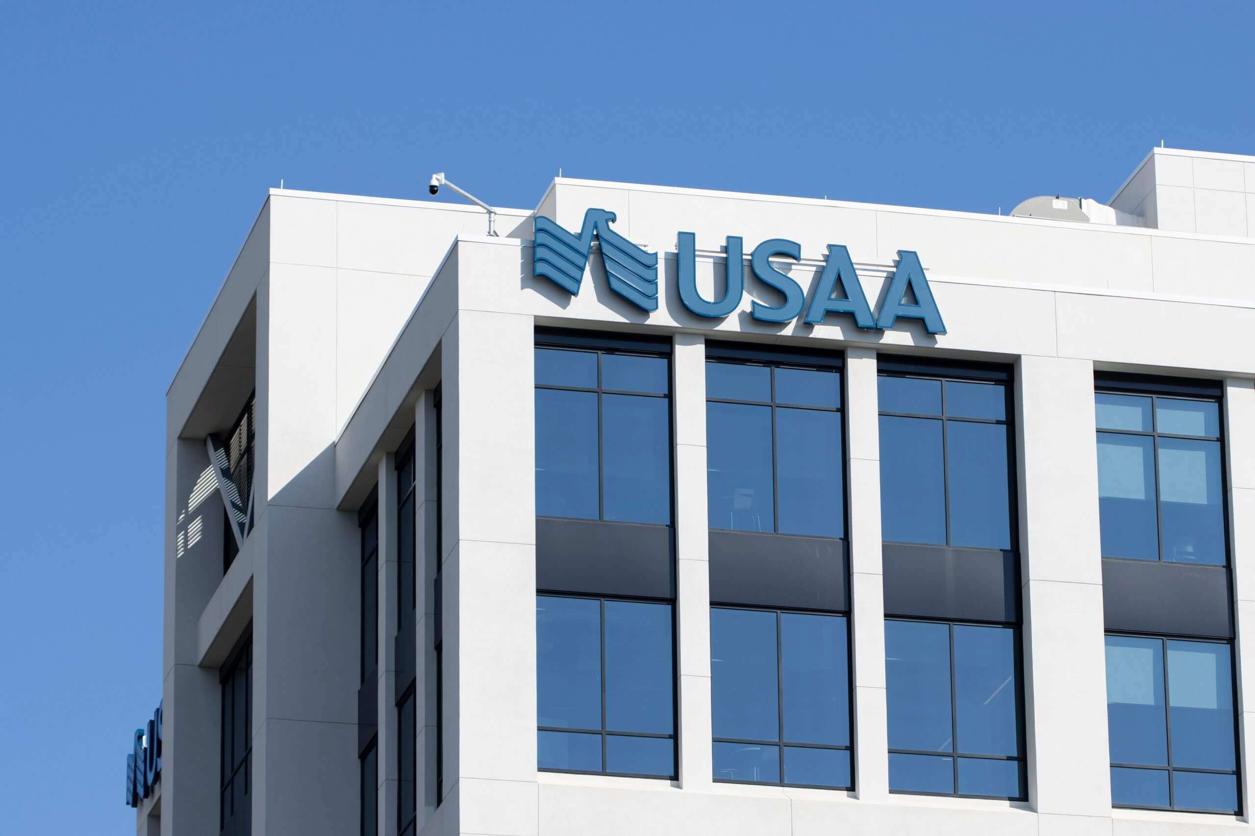 USAA logo is seen at its new office in Charlotte, North Carolina.