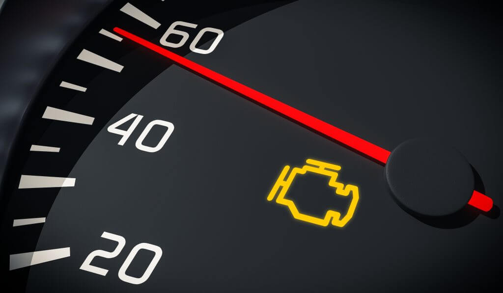 Engine malfunction warning light control in car dashboard. 3D rendered illustration. Close up view.