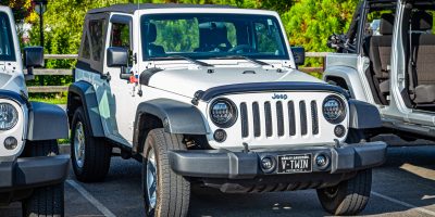 Pigeon Forge, TN - August 25, 2017: Modified Off Road Jeep Wrangler JK Sport Soft Top at a local enthusiast rally.