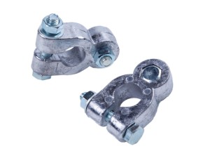 Two positive and negative metal terminal connector of car battery isolated on white background