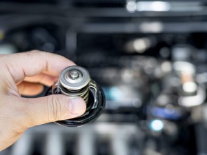 Hand a technician take of Car thermostat in engine room and check water heating of car for maintenance concept