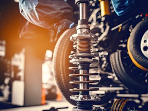 Repair of car shock absorber in garage of car service by masters