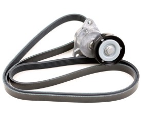 Set serpentine belt and tensioner pulley. Isolate on white.