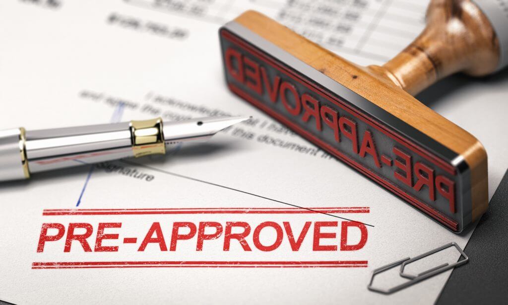 Printed document with rubber stamp and the word pre-approved. Concept of mortgage or loan pre-approval. 3D illustration.