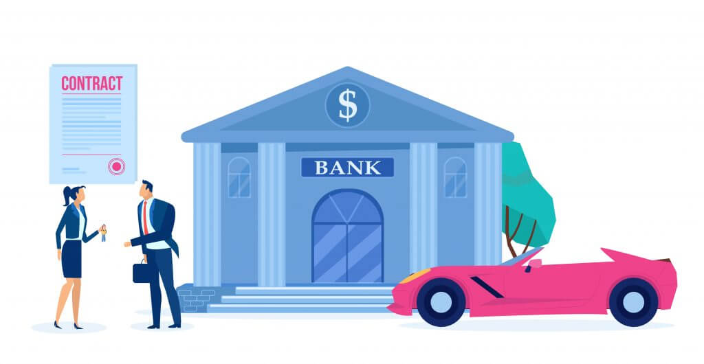 Vector of a man and a sales agent with approved car loan and a new modern auto on a bank building background