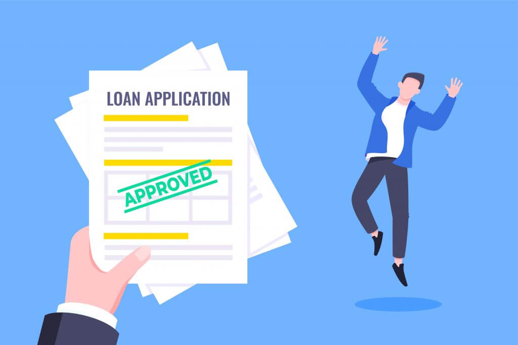 Hand holds loan approval application paper sheets document. Mortgage or credit form with stamp approved and happy person jumping behind flat style design vector illustration.