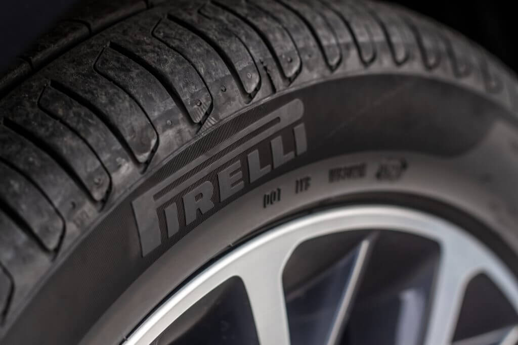 MOSCOW, RUSSIA - JUNE 20, 2021 Pirelli Cinturato tire model logo on the sidewall of the new tire. The detail of a brand new Pirelli tyre.