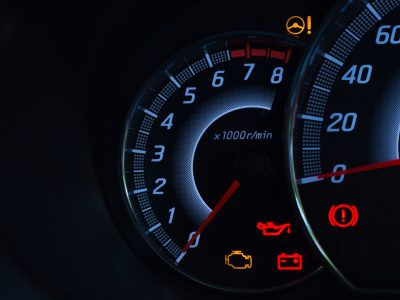 Screen display of car status warning light on dashboard panel symbols which show the fault indicators
