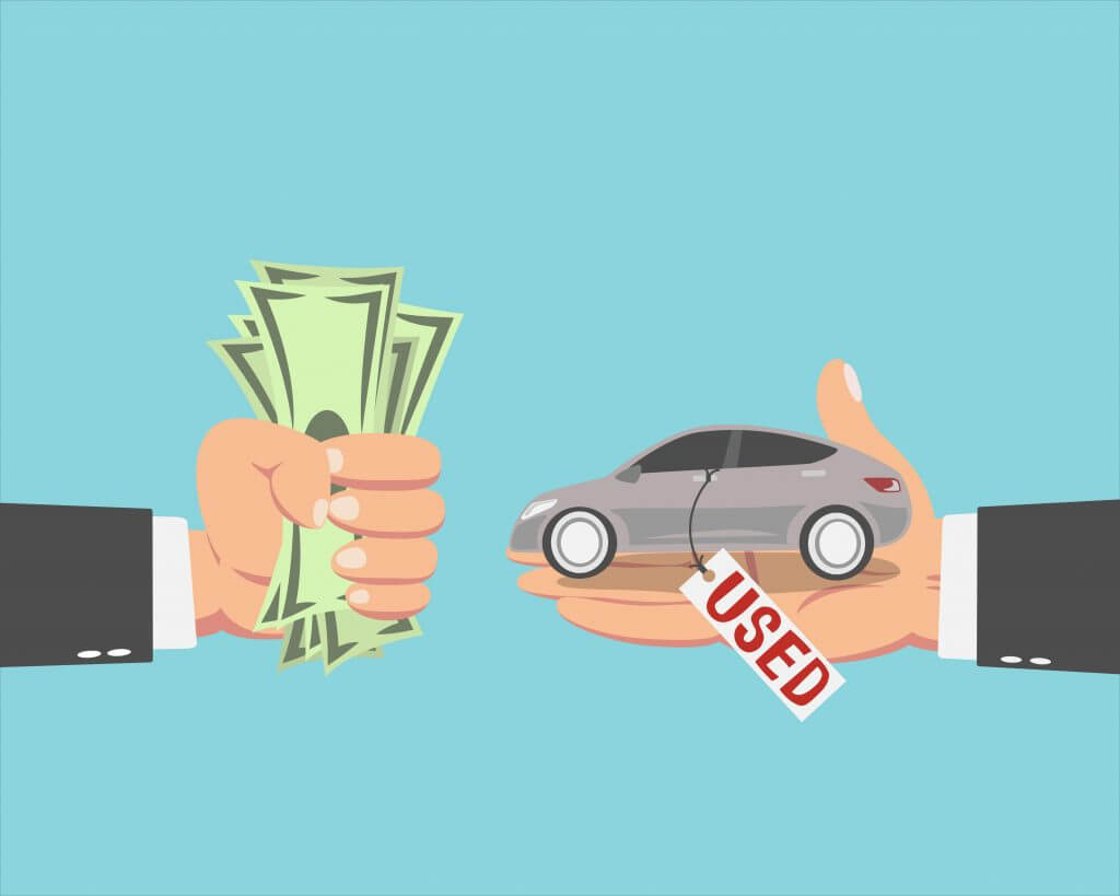 Hand of businessman with money buying a Used car isolated on blue background. Vector illustration