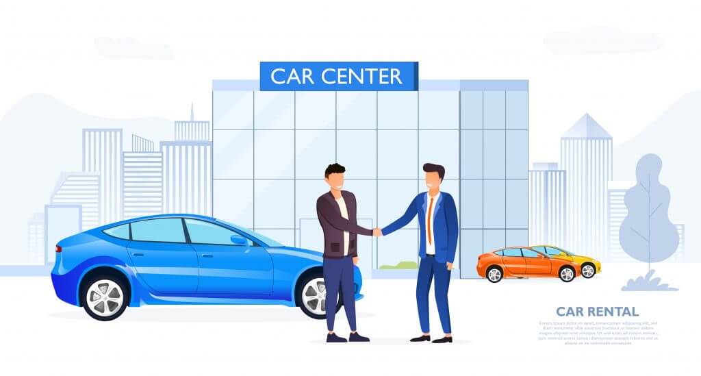 Client shaking automobile dealers hand in simple sketchy image with two men outdoors near Car Center, rental or used car dealership office, transferring a car after signing the contract