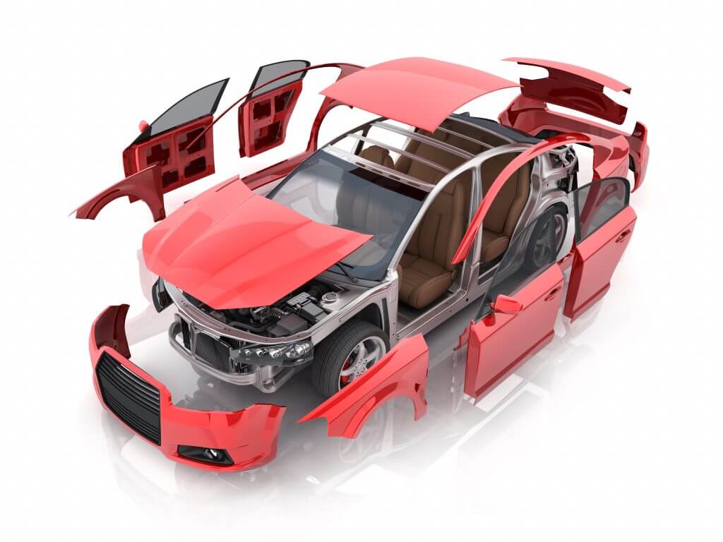 Transparent body car and spare and engine and other detail on white background. 3d illustration