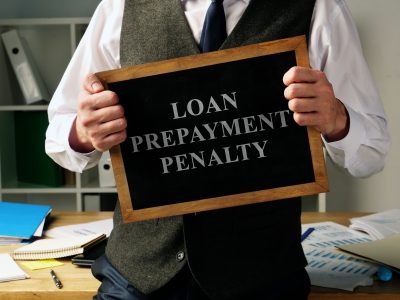 Loan Prepayment Penalty concept. Man is holding blackboard.