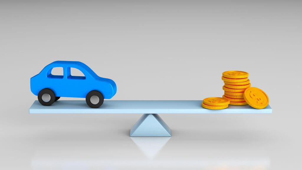 Scales of balance and choice of money or car. 3d render.