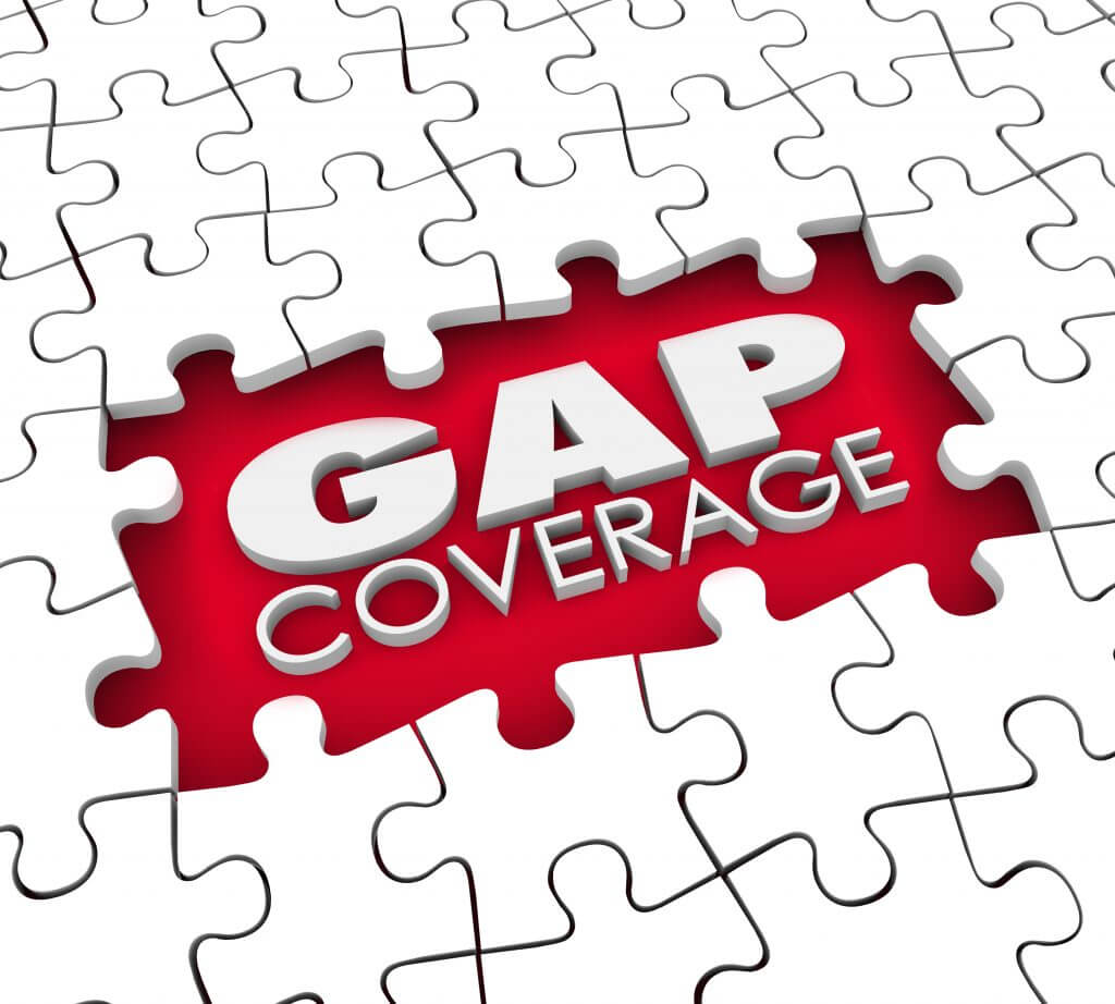 Gap Coverage 3d words in a hole or blank space were puzzle pieces are missing to illustrate supplemental protection needed for your insurance policy