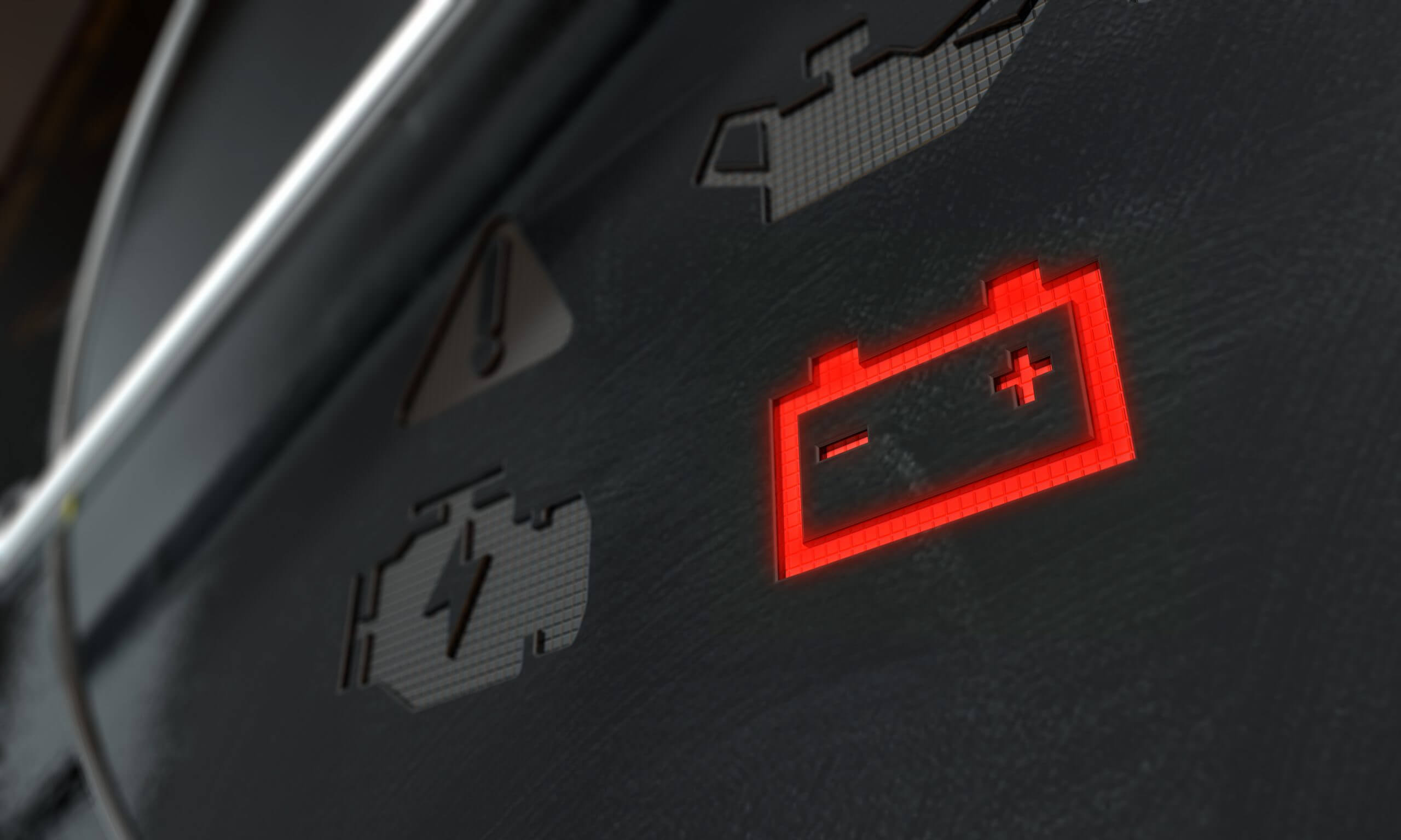 A 3D render of an extreme closeup of an illuminated check battery dashboard light on an dashboard panel background