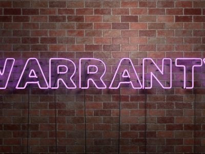 WARRANTY - fluorescent Neon tube Sign on brickwork - Front view - 3D rendered royalty free stock picture. Can be used for online banner ads and direct mailers.