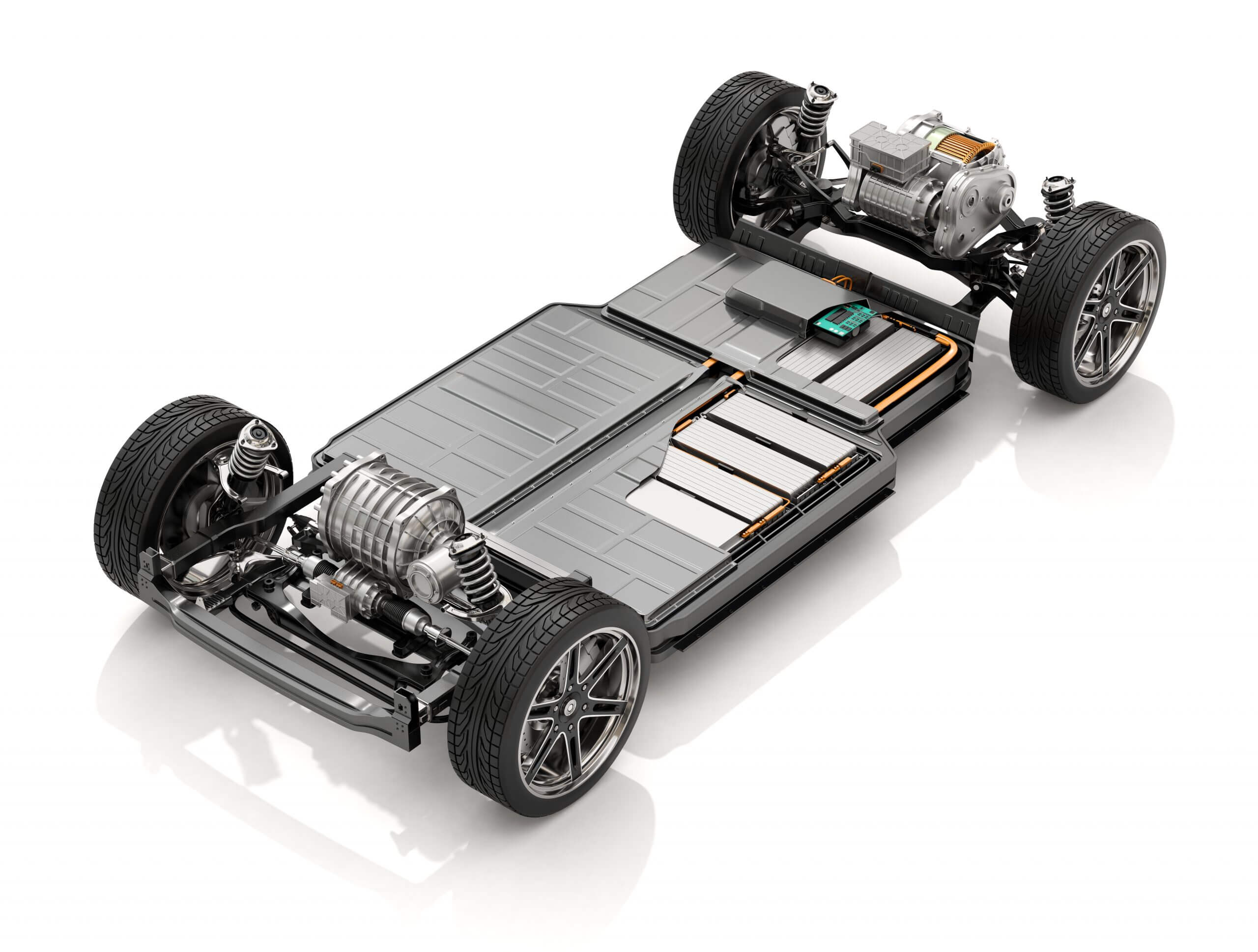 Cutaway view of Electric Vehicle Chassis with battery pack on wh