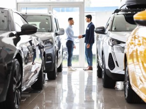 Customer and sales assistant shaking hands, car showroom interior