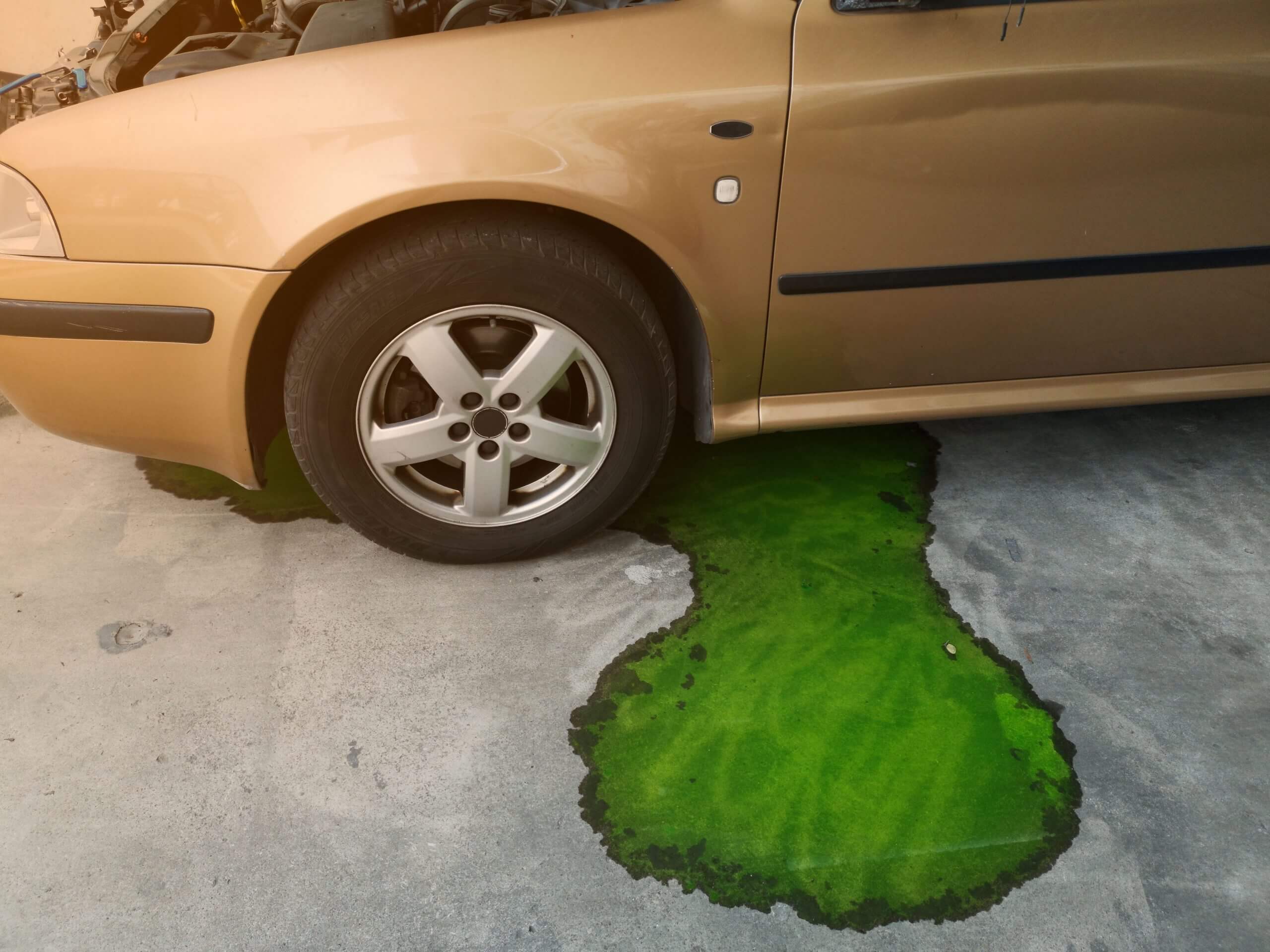 Green coolant leaks from car radiators, car breaks on the road, on the road.
