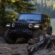 Mission, British Columbia, Canada - August 6, 2018: Jeep Rubicon is riding thru rough and rugged terrain to the lake.