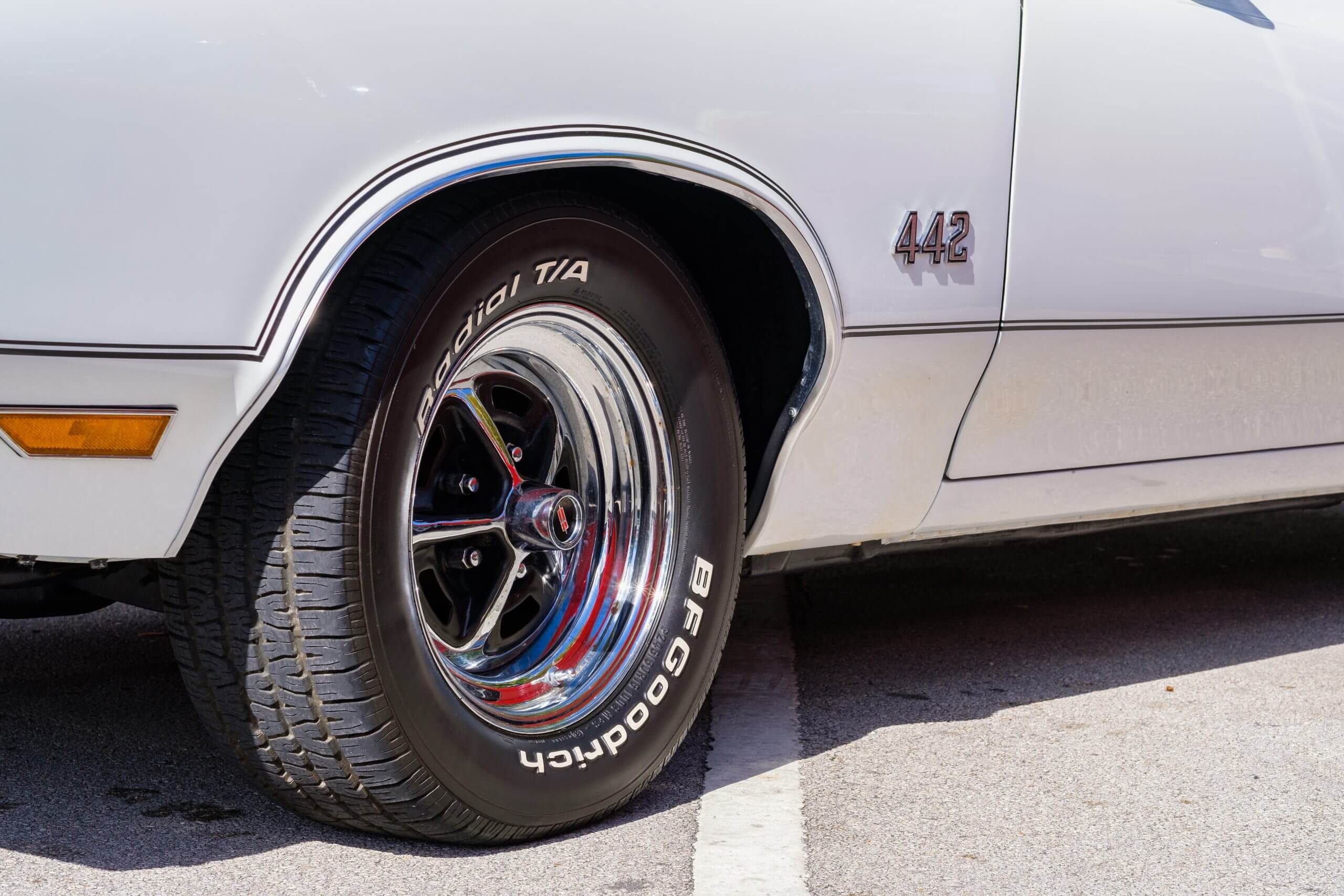 Miami, Florida USA - March 5, 2017: Close up view of a beautifully restored General Motors Cutlass Oldsmobile 442 at a public car show.