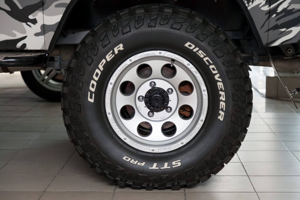 Novosibirsk, Russia - 02.26.2020: The most extreme all-season, off-road tire Cooper Discoverer STT Pro with off-road performance, tread design, tire durability on the wheel disk.