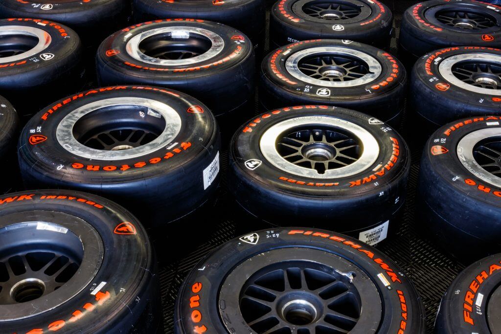 Indianapolis - Circa May 2019: Firestone Firehawk tires prepared for racing. Firestone tires are the exclusive tire of IndyCar I