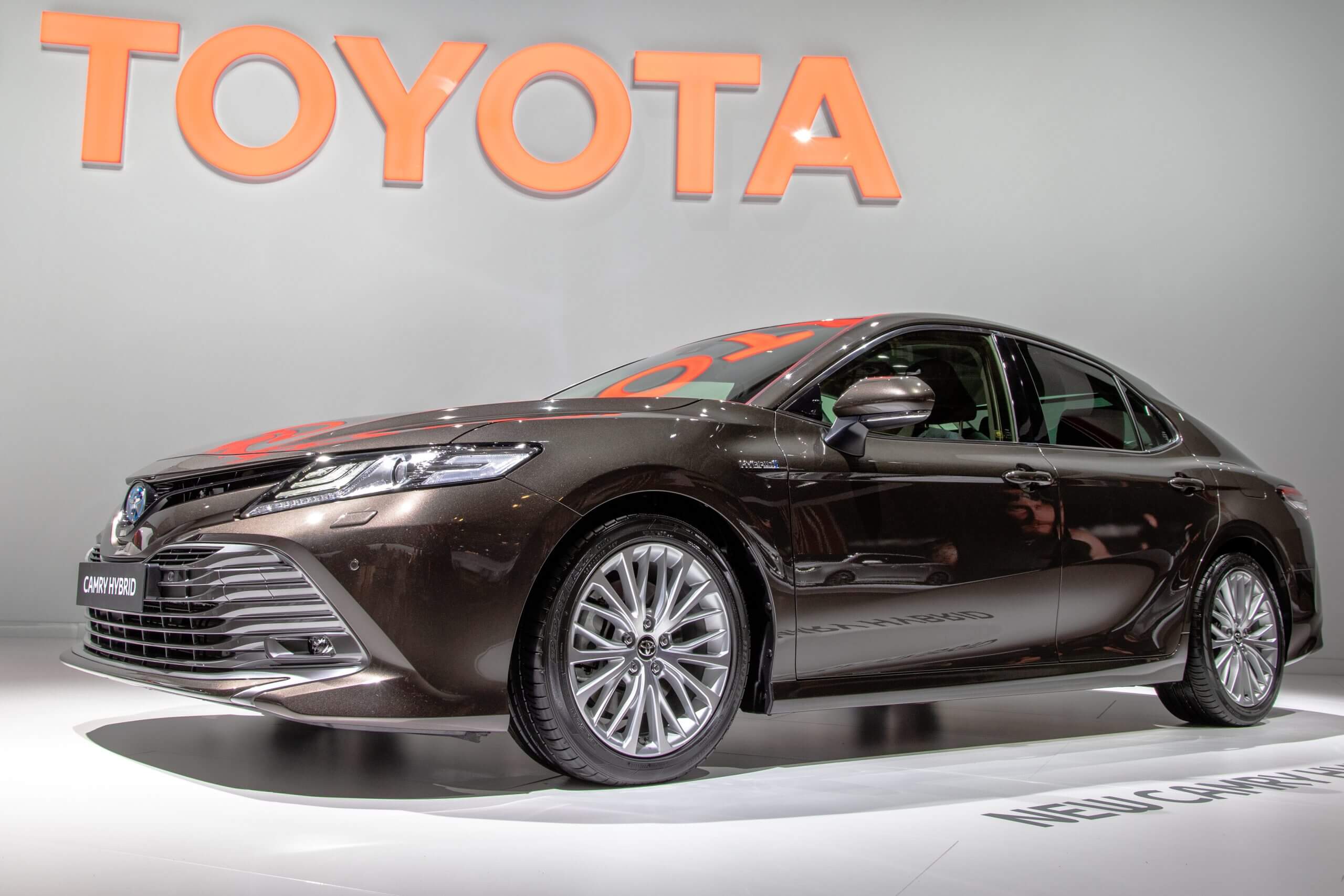 New Toyota Camry Hybrid car unveiled at the Paris Motor Show.