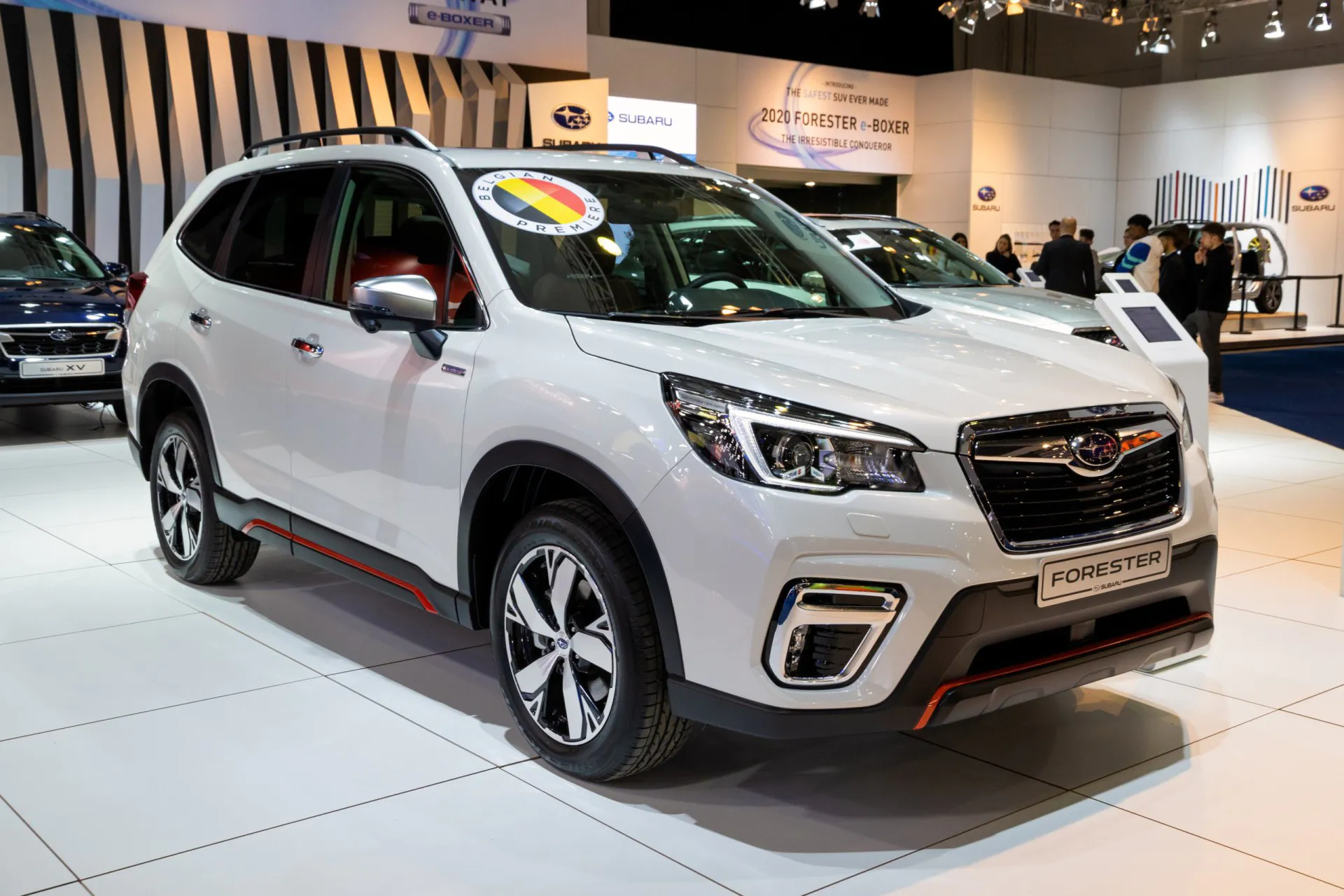 2020 Subaru Forester car model showcased at a motor show.