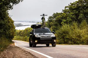 Khabarovsk, Russia - September 07, 2019: Subaru Forester with a bicycle and roof box at roof rack
