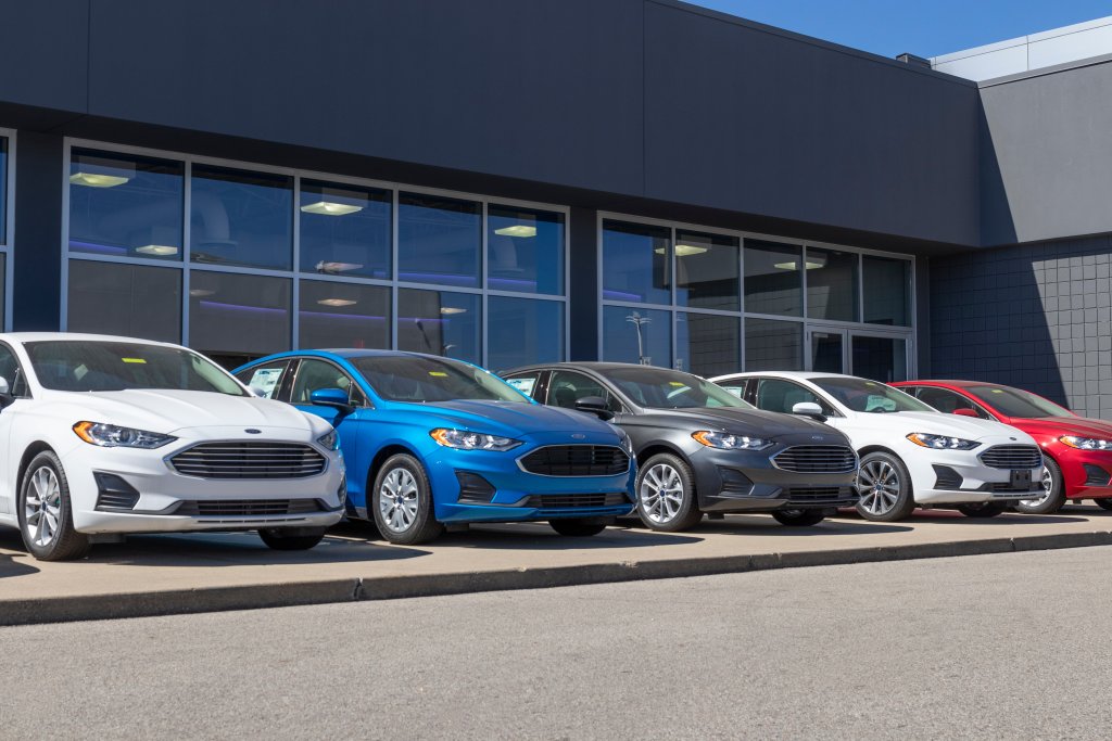 Ford Fusion vehicles display at a dealership.