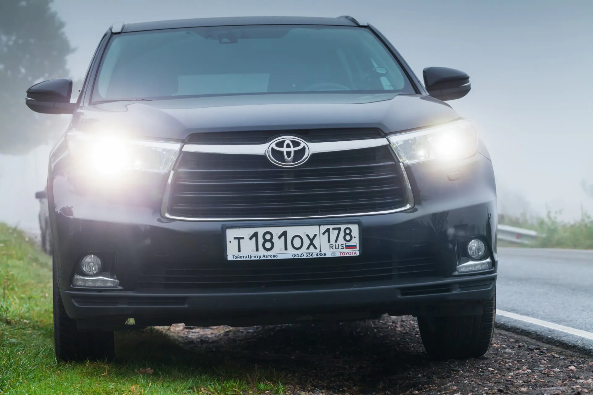 Black 2015 Toyota Highlander car stands on a roadside in foggy morning, closeup photo