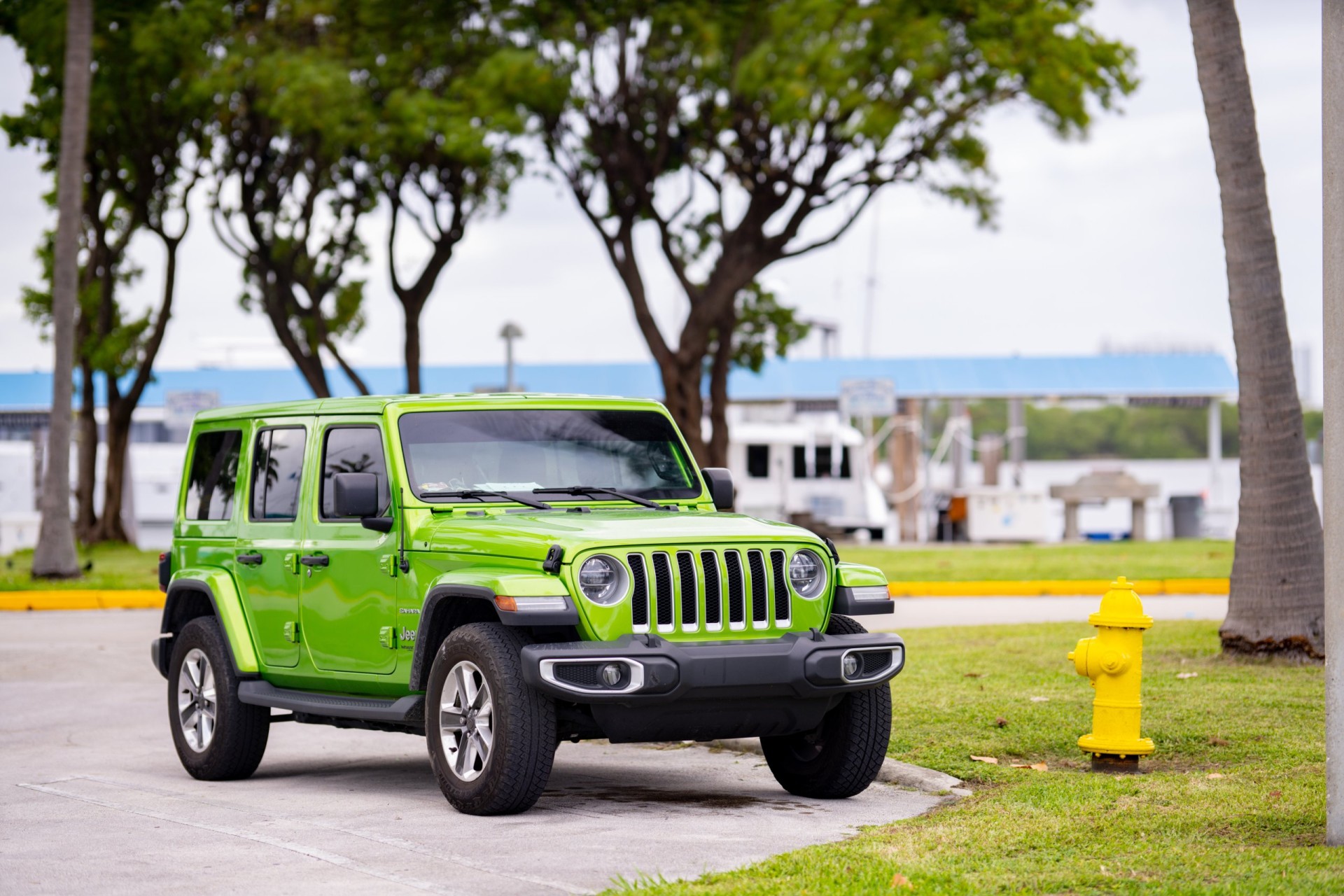 a 2018 Jeep Wrangler green front quarter view at a park