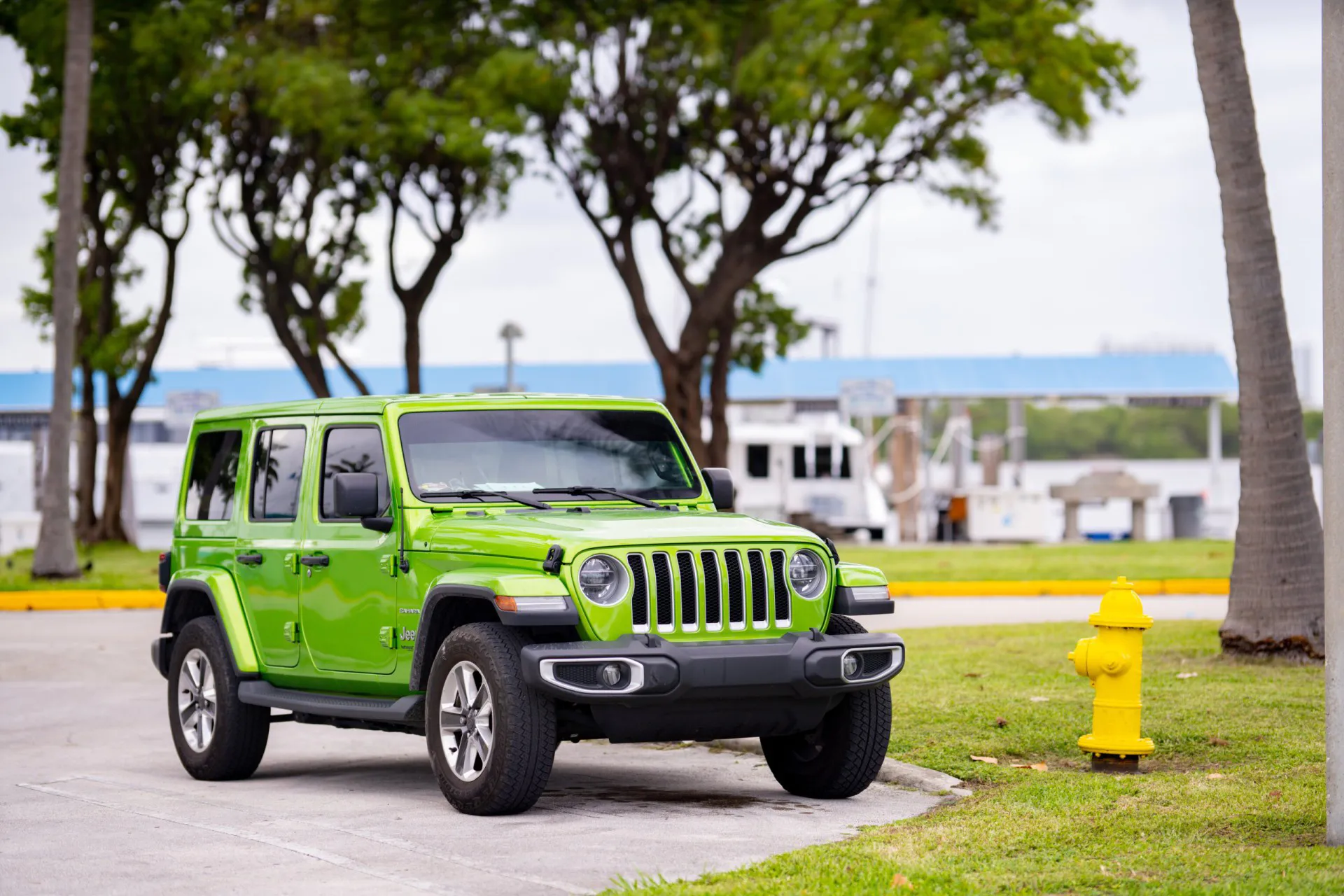 a 2018 Jeep Wrangler green front quarter view at a park