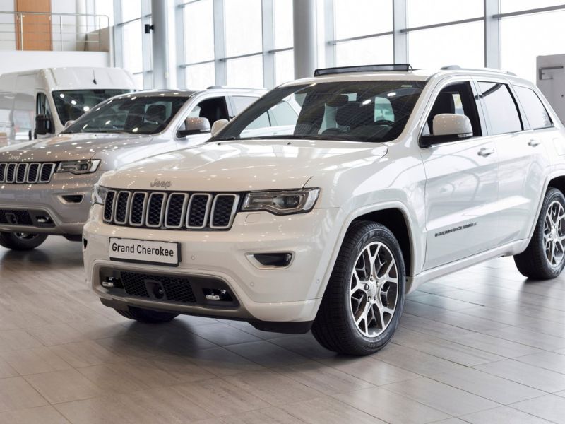 New modern Grand Cherokee in dealer showroom.