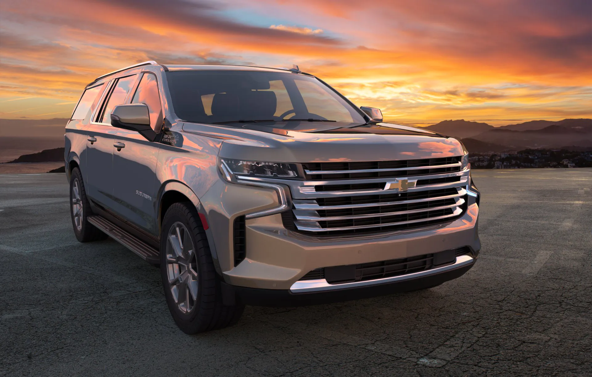Chevrolet Suburban.Large Family SUV with a sunset background