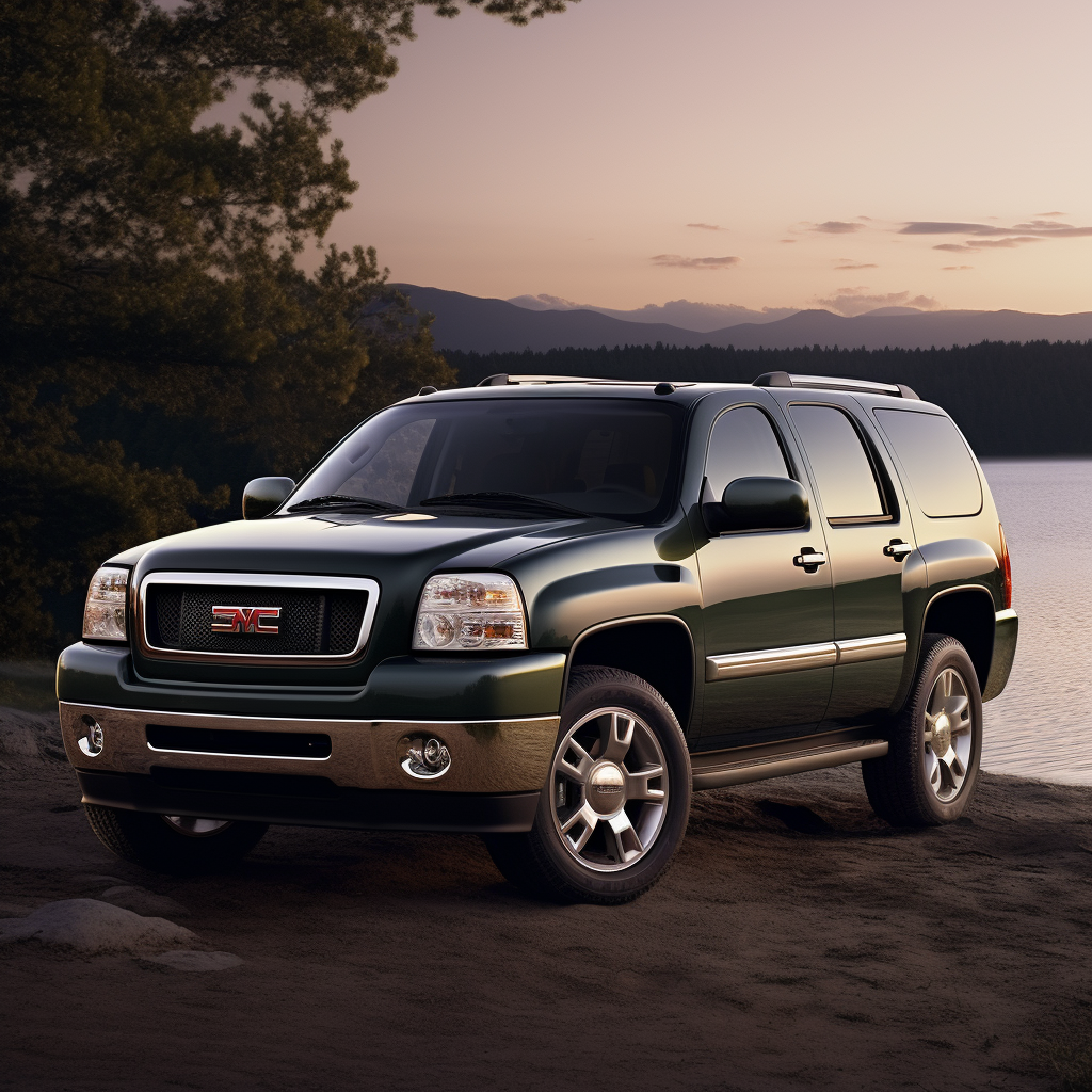 2007 GMC Envoy parked beside a lake during sunset
