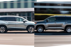 Honda Pilot and Toyota Highlander side view angle, moving in the city street
