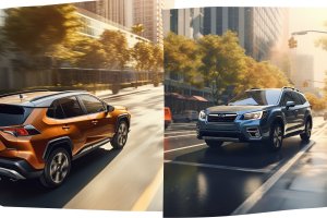 Toyota RAV4 and Subaru Forester in the city street at daytime. Side by side photo