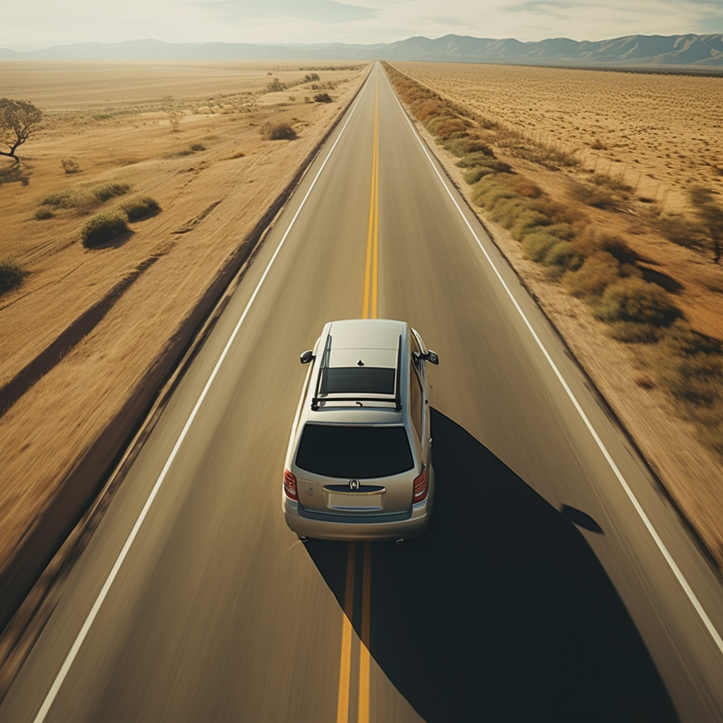 2002 Acura MDX aerial shot driving on an empty highway