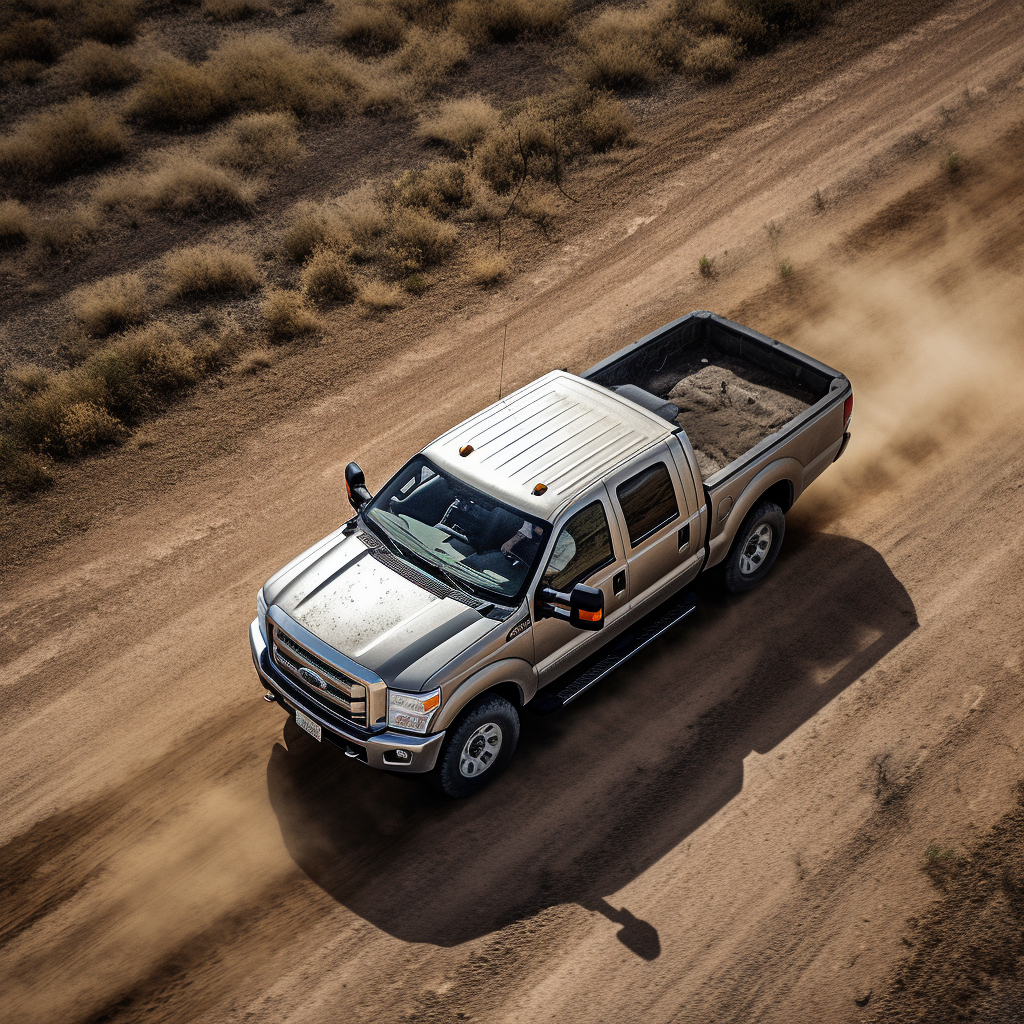 2016 Ford F-350 Super Duty aerial shot on a sandy highway