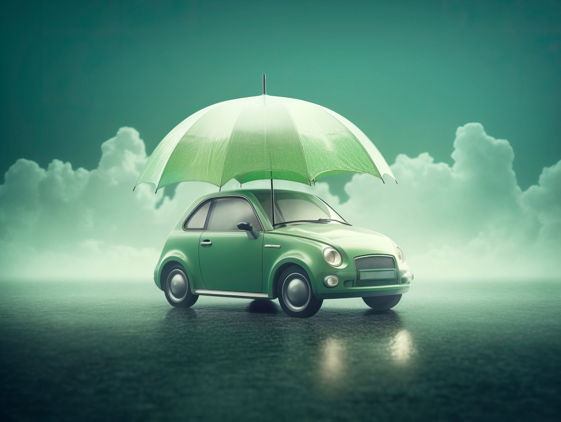 Company, Automobile under the umbrella in rainy day. Safety concept. Ai Generative